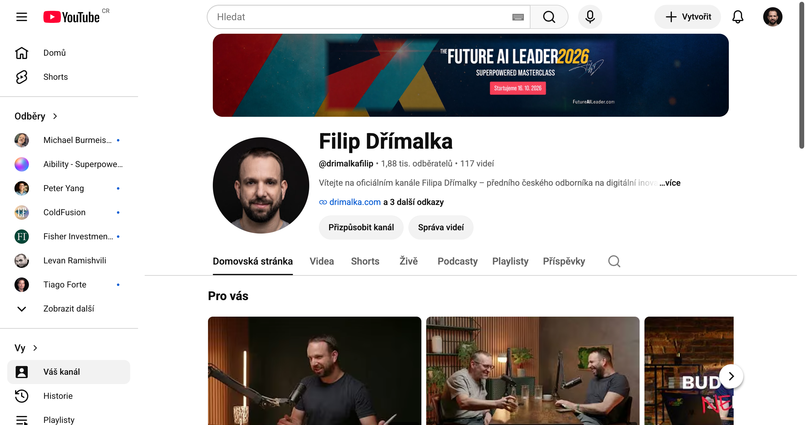 YouTube kanál Filipa Dřímalky s videi a podcasty