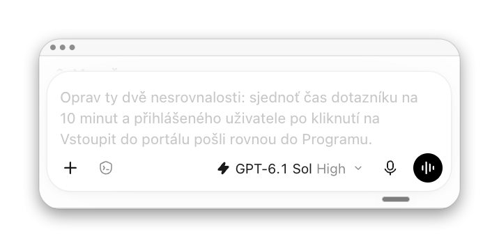 Screenshot chatu s rozepsaným zadáním úpravy dotazníku a vstupu do portálu.