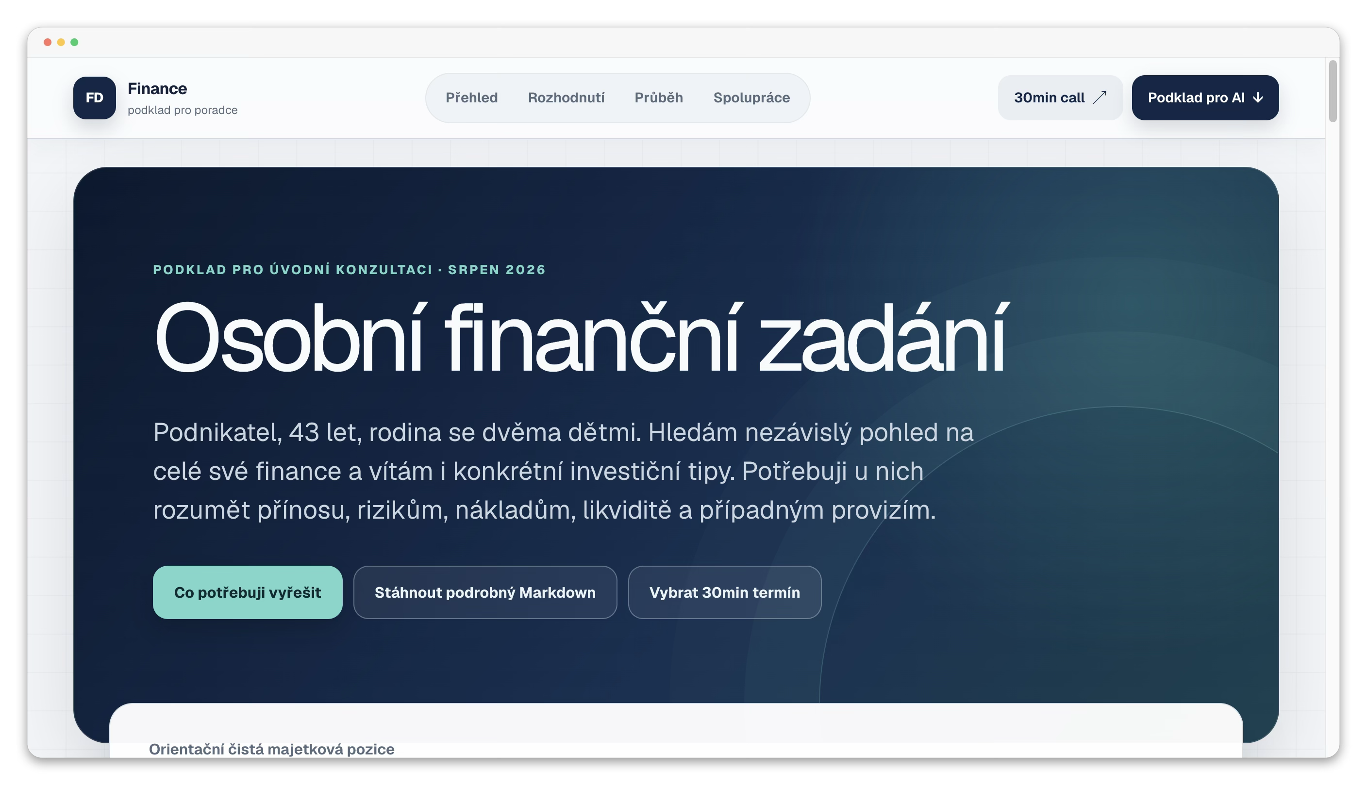 Ukázka podkladu pro finančního poradce s možností stáhnout celý kontext pro AI
