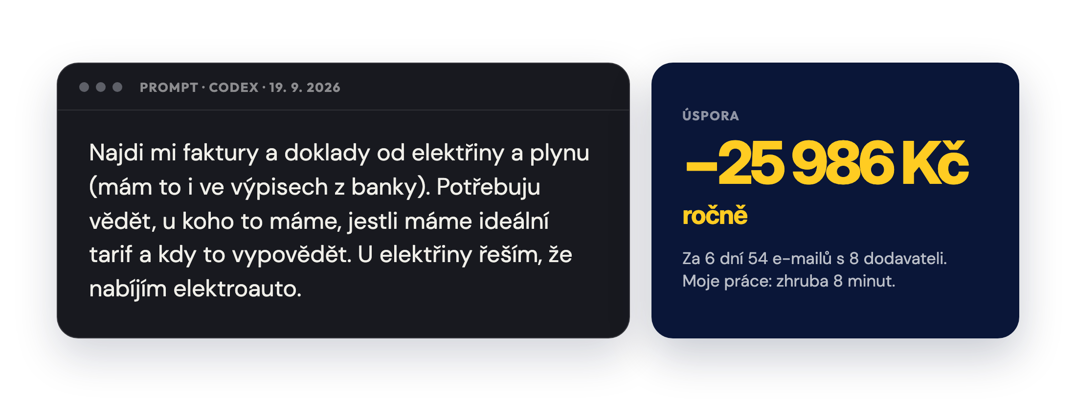 Úvodní prompt pro agenta a výsledná úspora 25 986 Kč ročně
